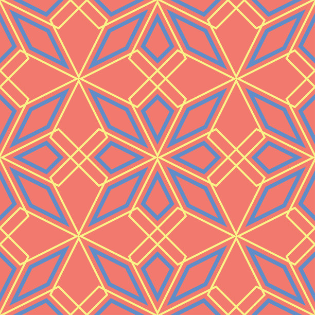 几何无缝模式。明亮的红色背景与蓝色和黄色的设计图片下载