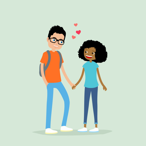 一对:年轻的帅哥和漂亮的女孩手牵着手。图片下载