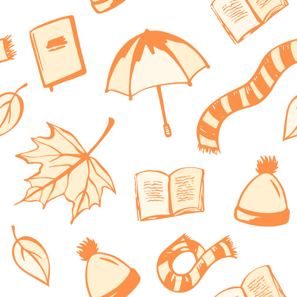 矢量色彩无缝图案与秋季对象:书籍、树叶、围巾等。手绘涂鸦。图片下载