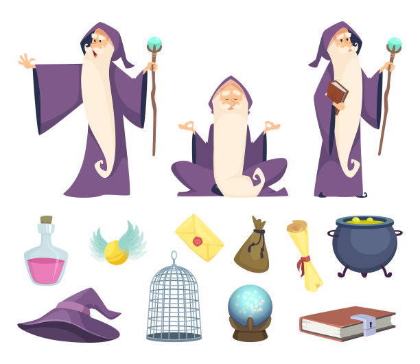 一套魔术师工具和男巫师角色。矢量图片孤立的白色背景图片下载