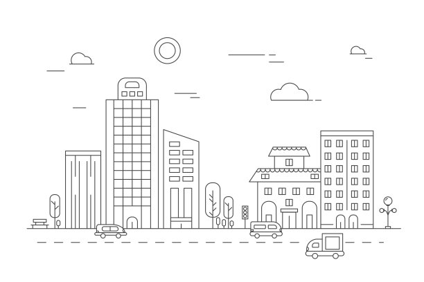 城市景观。各种城市建筑的矢量线性图片图片下载