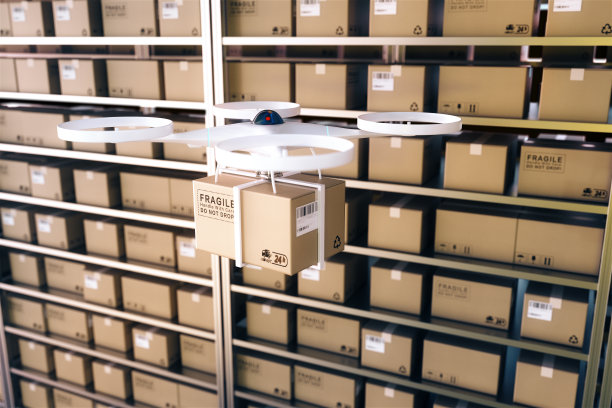 无人机在仓库里运送快递包裹。包裹运输高科技设置，网上购物，自动化物流管理理念。3 d渲染仓库。图片下载