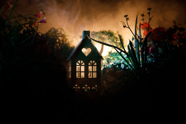 幻想装饰照片。小而漂亮的房子在草与光。森林里的老房子，夜晚有月亮。有选择性的重点图片下载