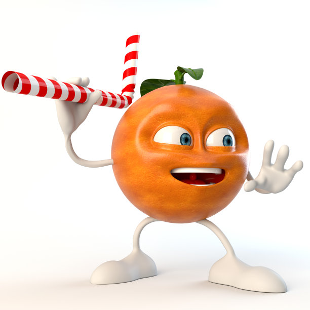 快乐的3d水果角色与饮用稻草作为武器图片下载
