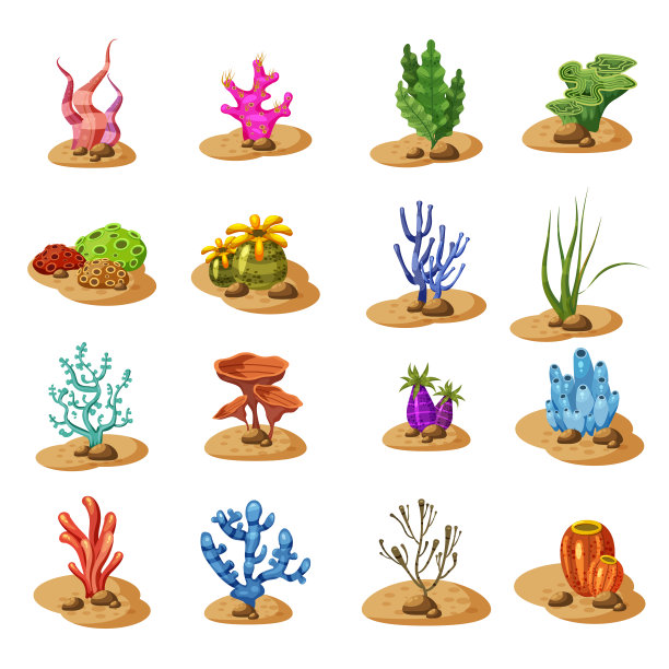 海洋绿藻海藻，水下植物，孤立在白色背景，矢量，卡通风格图片下载