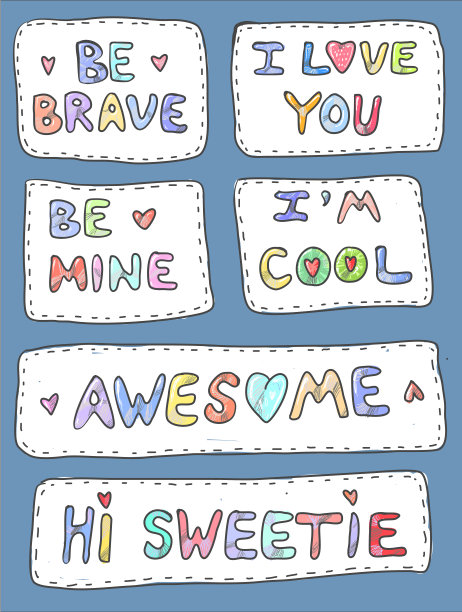 现代可爱的彩色补丁设置在白色的背景。激励短语的时尚补丁。80年代- 90年代卡通风格。矢量图图片下载