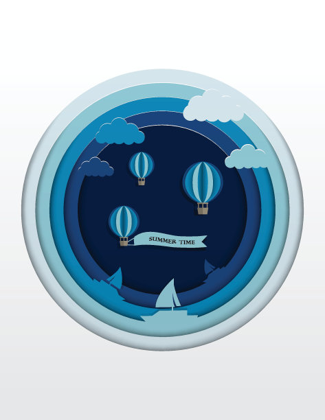 气球，帆船和大海，暑假纸艺术风格的背景矢量插图图片下载