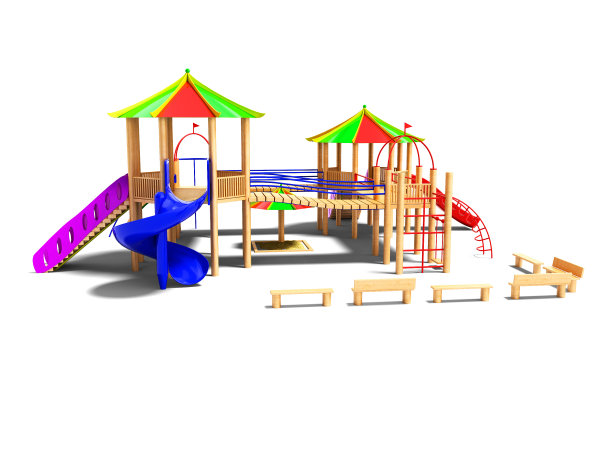 现代木制儿童游乐场与悬挂的梯子和幻灯片3d渲染在白色的背景图片下载