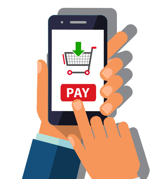 人的手拿着手机与购物篮和支付按钮在屏幕上。矢量插图。移动支付的概念。手拿着电话。智能手机无线转账。平面设计。图片下载