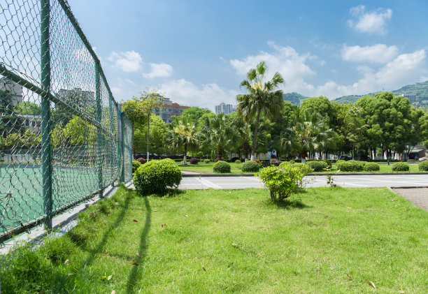 大学校园内有公共公园、草坪、树木和足球场围栏图片下载