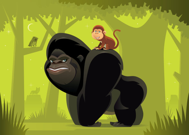 大猩猩和猴子在丛林里相遇图片下载