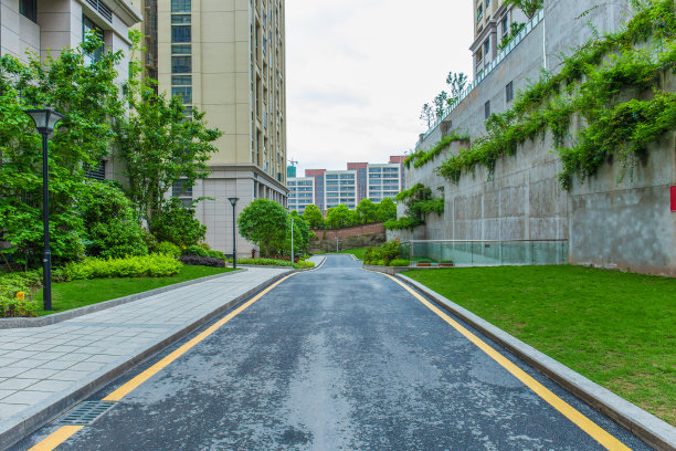 现代住宅区的道路、高楼和草地图片下载