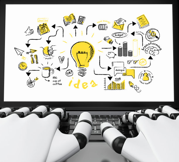 3d机器人手在白色屏幕的笔记本电脑上打字。图片下载