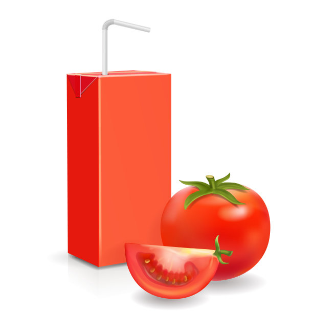 矢量包装的番茄汁和吸管。现实的果汁包图片下载