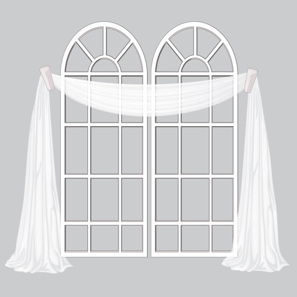 落地窗和白色窗帘孤立在灰色的背景上。矢量卡通特写插图图片下载