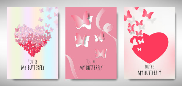 情人节卡片模板设计，纸艺术蝴蝶和心形的爱的信息，粉粉和红色的主题图片下载