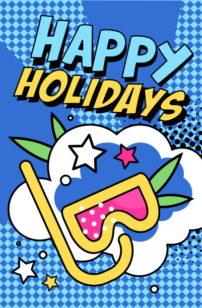 节日快乐横幅，明亮的复古波普艺术风格海报在蓝色潜水面具矢量插图图片下载