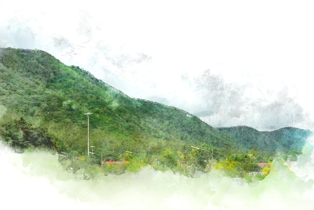 在水彩插画背景上抽象彩色山野风景。图片下载