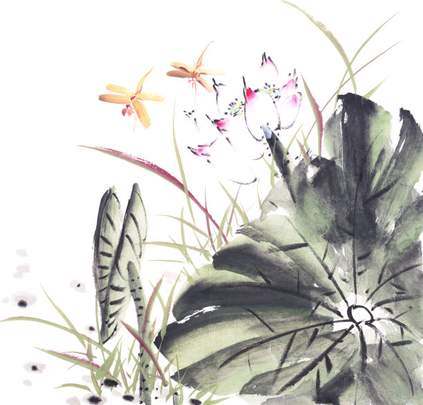 荷花手绘水墨，中国水彩画图片下载