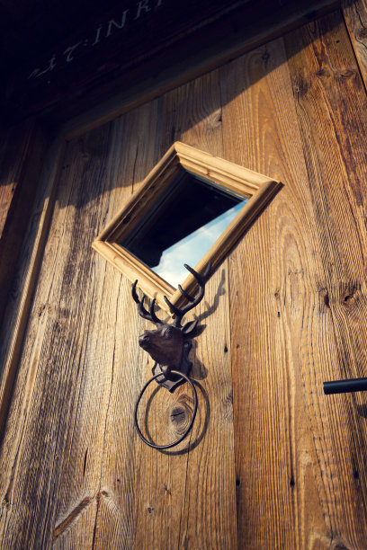 古董金属拉手门环鹿头木门上图片下载