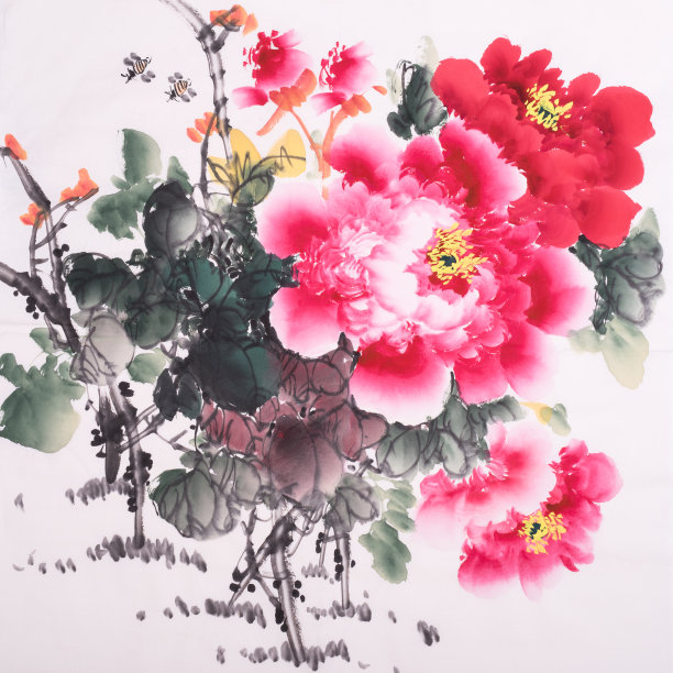 牡丹，中国传统水墨画。素材图片