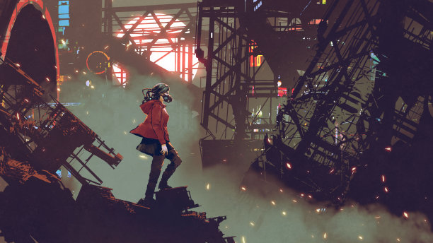 赛博朋克城市里的女人素材图片