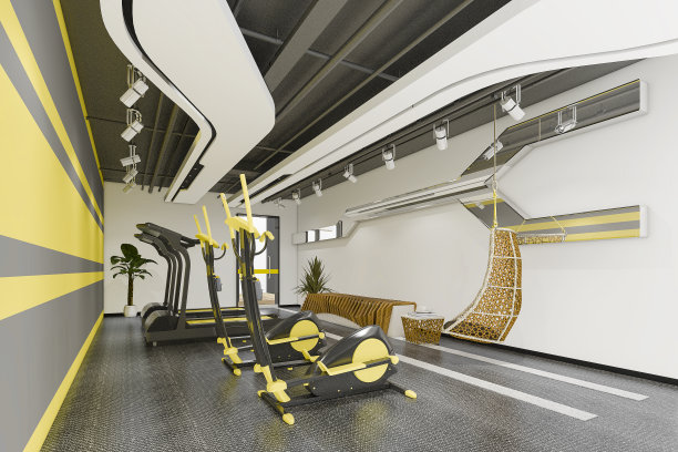 3d渲染现代黄色健身房和健身图片下载