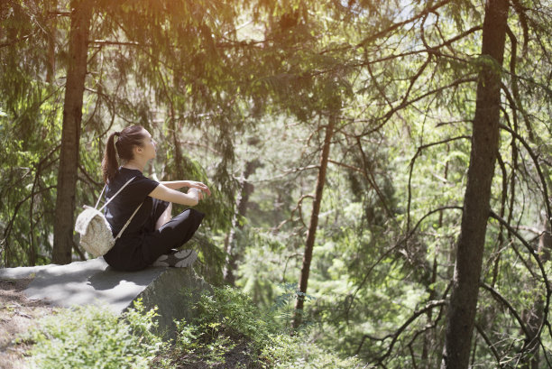 背着背包的女孩坐在森林里的一块岩石上。夏天阳光灿烂的日子图片下载