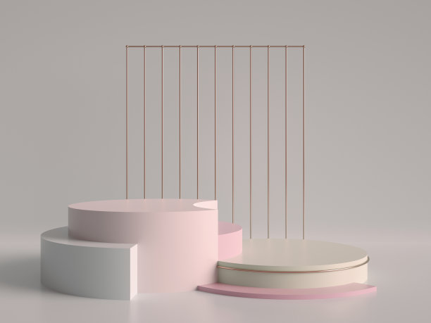 3d渲染，抽象的几何背景，极简主义的原始形状，现代模型，圆柱体讲台，空白模板，玫瑰金金属网格，空橱窗，商店展示，粉粉颜色图片下载