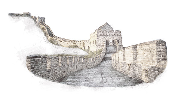 中国长城的素描风格。插图，手绘，草图孤立在白色。水彩画展示中国历史版画，纪念品，明信片，t恤，装饰，图片。图片下载