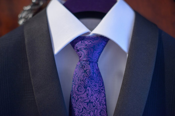 优雅的海军蓝西装与白色衬衫和刺绣丝绸领带温莎结图片下载