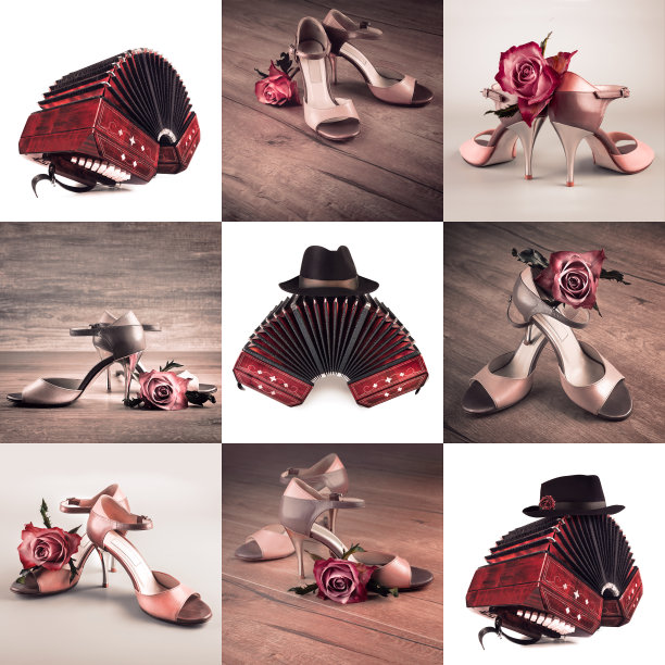 9个bandoneon的特写镜头与男性小屋和女性探戈鞋图片下载