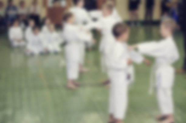 模糊的背景。孩子在训练空手道。图片下载