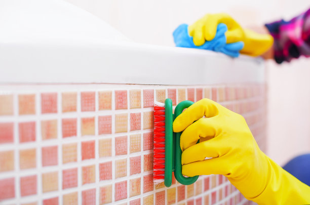 清洁浴室里的小瓷砖。图片下载