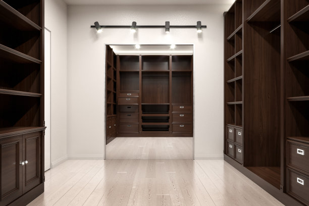 漂亮的木质卧式衣柜和步入式衣柜。三维演示图片下载
