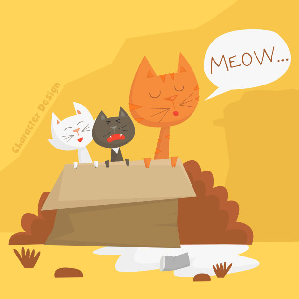 无家可归的猫卡通人物设计说喵，谁可以给他们一个温暖的拥抱-矢量插图。图片下载