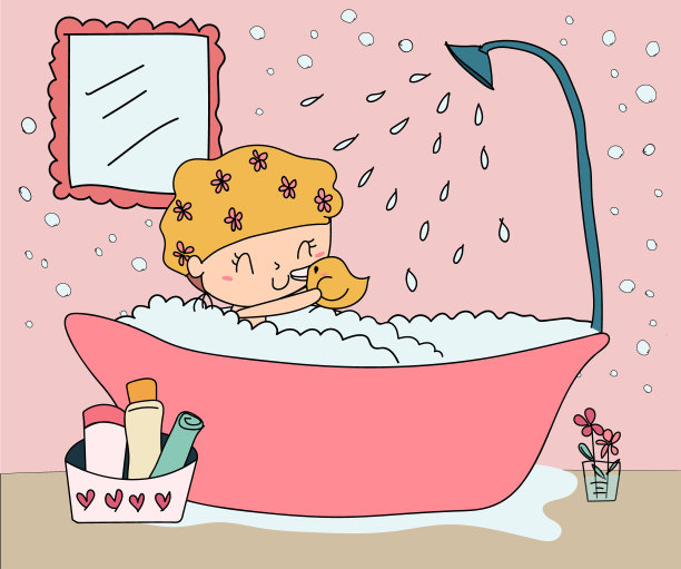 涂鸦手绘的快乐女孩在浴室里用淋浴设备在浴缸里洗澡图片下载