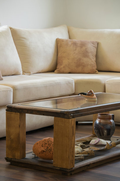 家庭室内设计-舒适的现代沙发在自然的颜色和一个质朴的木桌与古董图片下载
