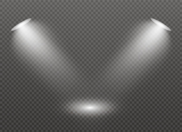 一组金色发光的灯光效果隔离在透明的背景。阳光闪烁着光芒和聚光灯。发出光的效果。星星闪耀着光芒图片下载