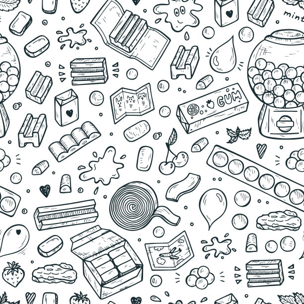 泡泡糖无缝图案。手绘口香糖和糖果。糖果色彩的背景。矢量图图片下载