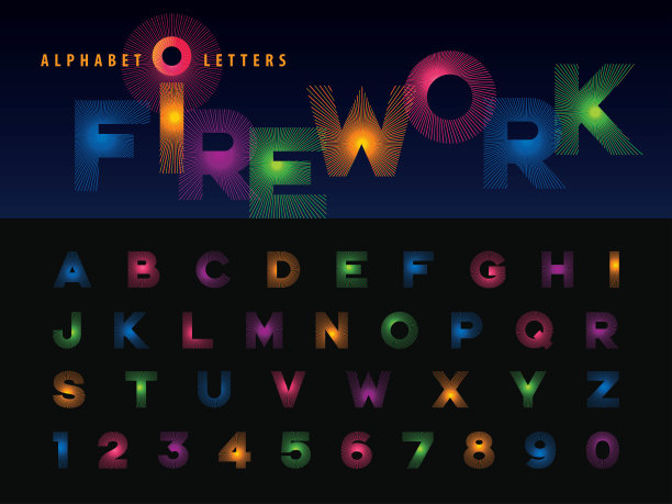 矢量的烟花字母和数字，现代彩色线程式化的字母，图片下载