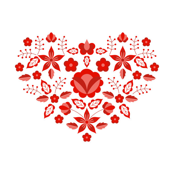 波兰民间图案向量。花的民族装饰。斯拉夫东欧印刷术。红心花设计波西米亚情人卡，领口刺绣，吉普赛枕头套，波西米亚室内纺织品。图片下载