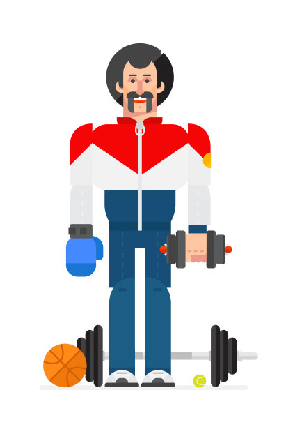 运动员在一个卡通平面风格。人物运动员的插图。图像是孤立的白色背景。角色设计。公司的角色。图片为墙纸，打印和网页。图片下载
