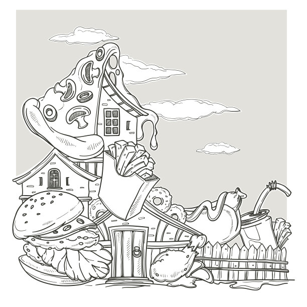 快餐屋，可爱的卡通城堡，汉堡，披萨和炸薯条，你的涂色书页图片下载