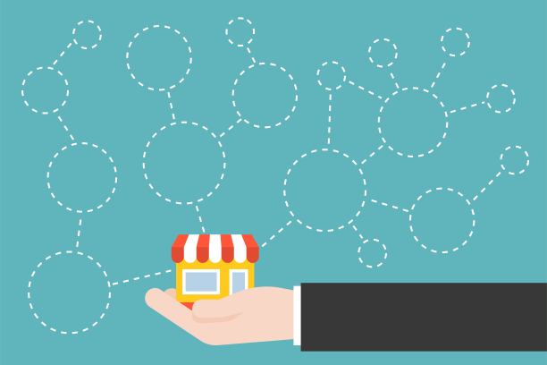 商业手和商店图标与分支和空白的圆圈，模板为特许经营或在电子商务概念店在扁平风格图片下载