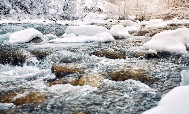 冬季徒步旅行时峡谷中的一条美丽的冬季河流。图片下载