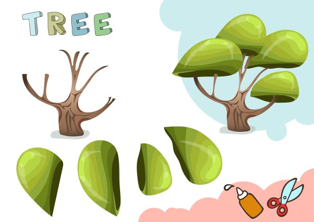 绿树纸模型。小家居工艺品，DIY纸游戏。剪下来粘在一起。“对孩子们。向量模板。图片下载