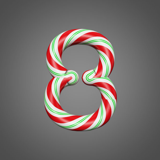 节日字母表数字8。薄荷条纹拐杖糖做成的圣诞字体。在灰色背景上的3D渲染。图片下载