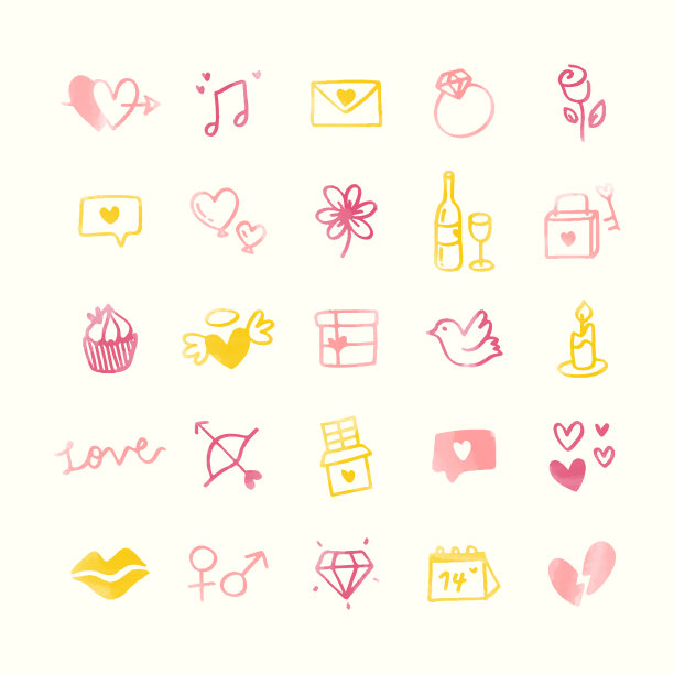 情人节主题手绘图标合集图片下载