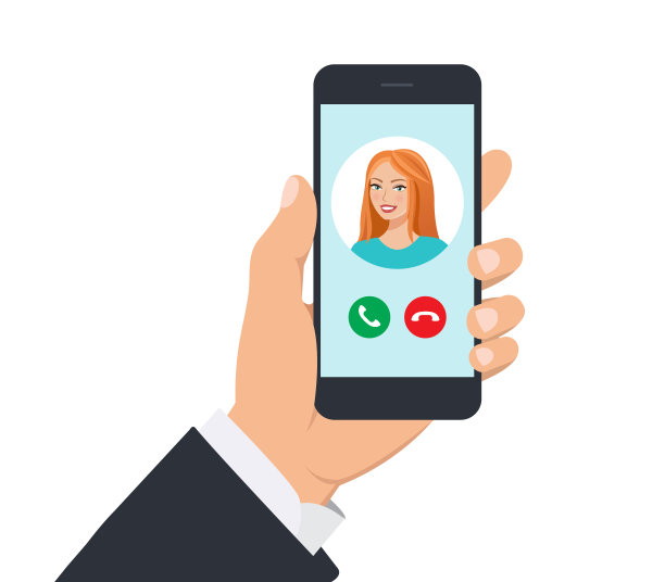 智能手机来电。黑色西装中的男性手拿着智能手机。手持白色背景下的手机。女孩在《阿凡达》。手机显示模板。平的风格。图片下载